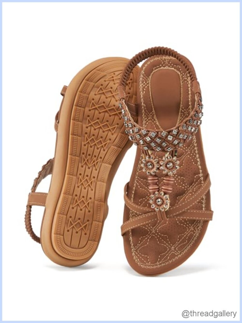 Alicegana Womens Faux Leather Bohemian Sandals Beaded Ankle Strap Flat Beach